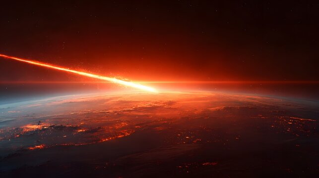 Meteoroid entering Earths atmosphere, creating a fiery trail and bright light over the planets surface at night.