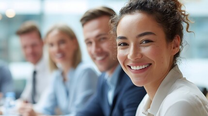 Obraz premium Smiling businesswoman in a meeting with colleagues.