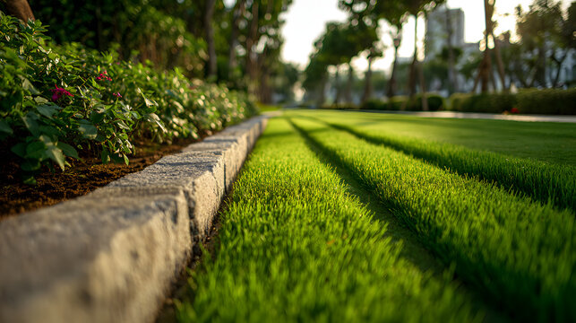 A close-up view of a commercial lawn with healthy green grass and visible parallel mowing lines, free of weeds or debris, bordered by stone edging and clean mulch beds, soft early afternoon light