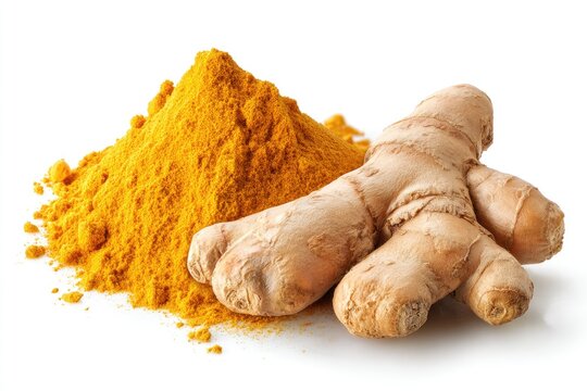 Bright yellow turmeric powder next to a whole turmeric root, white background