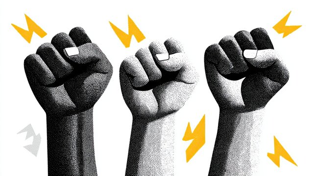 Commercial stock illustration of three raised clenched fists with lightning bolts, symbolizing strength and unity, set against a white background