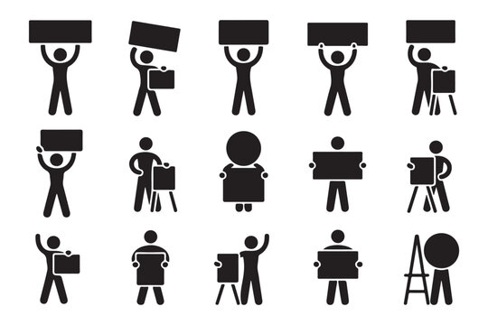 Collection of black silhouette figures holding blank signs placards or easels for protest demonstration or announcement