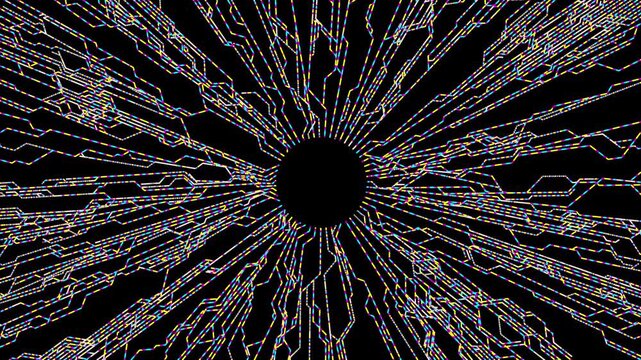 Circular high tech HUD element: CMY color circuit lines radiating from center seamless loop - 3D render procedural geometric ProRes 4444 XQ with Alpha animation. 