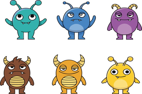 Cute Cartoon Monster Characters Set Colorful Funny Alien Creatures Vector Illustration Collection