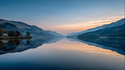 Fototapeta premium Serene Scottish Loch Reflection at Dawn with Majestic Mountains and Calm Waters.