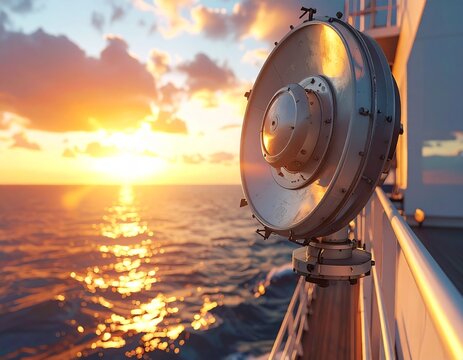 A metallic satellite communication dish is mounted on a ship's railing against a vibrant orange and gold sunset over the deep blue ocean water.