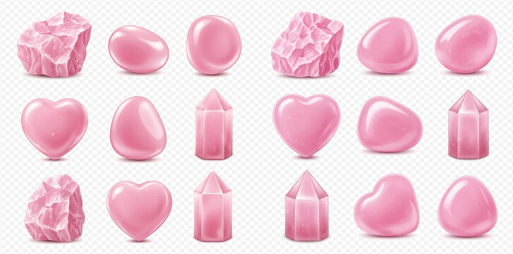 Set of pink quartz gemstones in various shapes including raw, polished, and heart-shaped crystals.