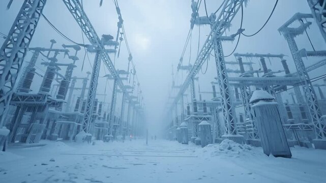 Cinematic 4K video, frozen electrical substation deep winter, dense rows of high voltage insulators coated frost, steel lattice towers partially buried pristine white snow, thick power cables layered