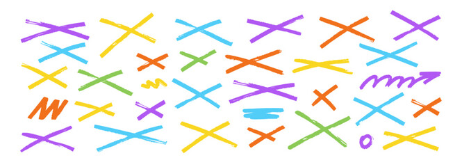  Grunge cross symbol with handwritten brush texture. Rough X mark drawn with ink strokes, perfect for striking through text. Color Vector illustration. © Arina