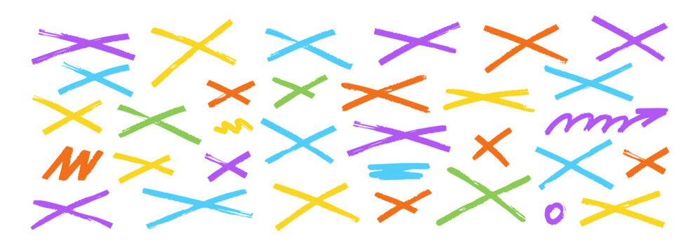  Grunge cross symbol with handwritten brush texture. Rough X mark drawn with ink strokes, perfect for striking through text. Color Vector illustration.