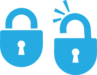 Two Blue Padlock One Locked and One Unlocked on a White Background