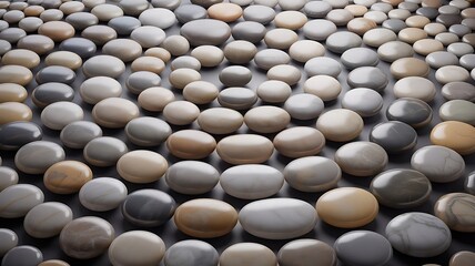 Fototapeta premium Smooth, Polished River Stones Arranged in a Repeating Pattern Background