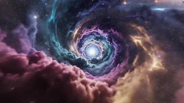Swirling Dreamscape Vortex - The video shows a mesmerizing vortex of cosmic clouds swirling into a central point of light.