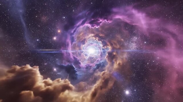 Cosmic Dreamscape Vortex - A swirling vortex of vibrant clouds and cosmic dust creates a mesmerizing dreamscape. The space scene features a bright, almost heavenly, light at the center of the vortex.