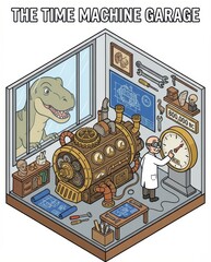 Isometric illustration of a scientist in a steampunk workshop, setting his time machine to the prehistoric era as a T-Rex dinosaur looks through the window.