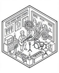 STEAM Education Concept: Isometric line art of a musician in a sound wave studio, blending the science of physics with the art of music production.