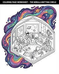 Cosmic Cozy Coloring Page: Astronauts in a Sci-Fi Knitting Circle, a Whimsical Isometric Scene Surrounded by a Colorful Nebula for Mindful Activity.