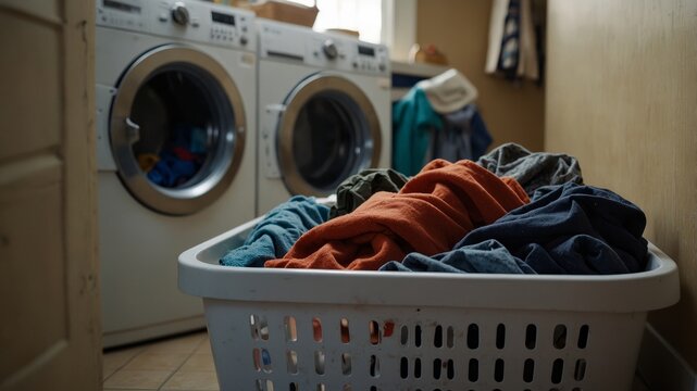 a point-of-view POV shot from inside a top-loading washing machine, looking outward through the open lid. The interior drum is scattered with unwashed clothessocks, t-shirts, and towels crumpled
