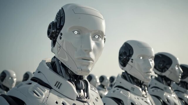 Futuristic robots in line: advanced technology and artificial intelligence integration