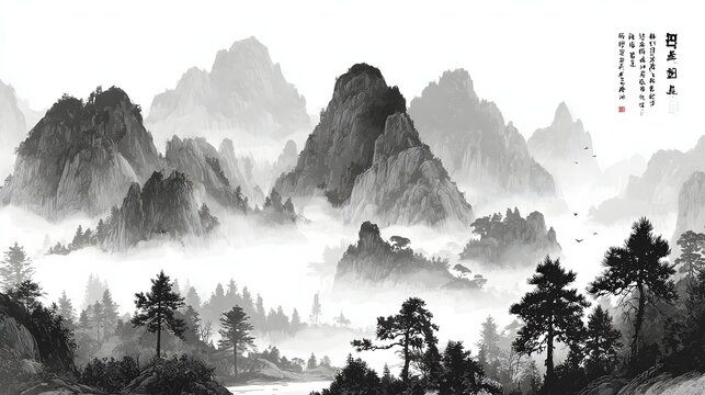 Traditional Chinese Ink Wash Painting of Misty Mountains and Pine Trees.