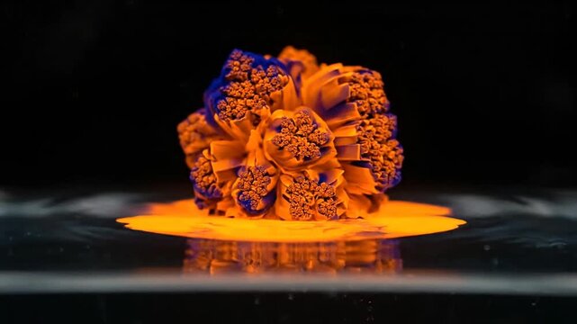A glowing orange and blue fractal-like organic structure on an orange liquid puddle with mist.