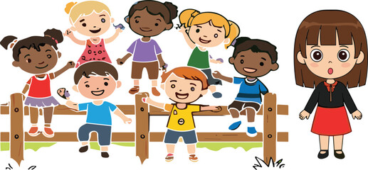 Diverse Happy Children Playing Together Outdoor with Cute School Girl Character Cartoon Vector Illustration Set
