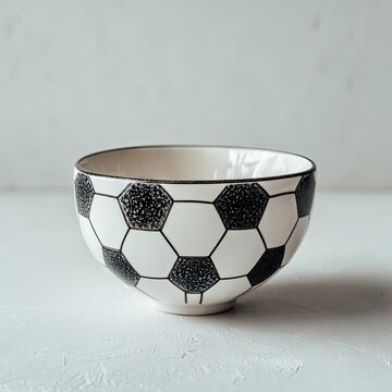 Ceramic bowl mimics a soccer ball design with white and black patterns (1)