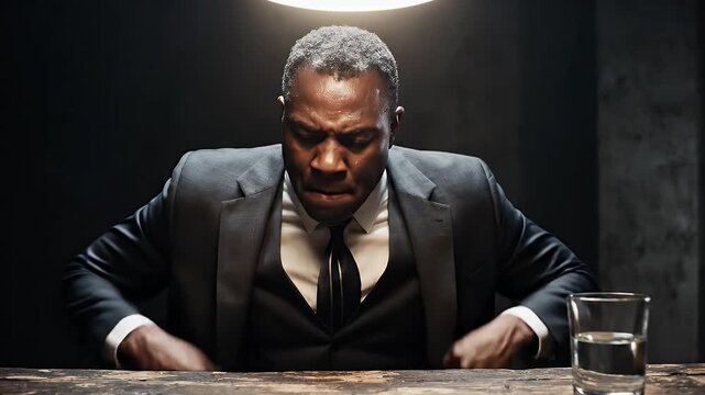 Tense Man Interrogation - A tense Black man in a suit sits at a wooden table under a bright lamp, suggesting a serious conversation or interrogation.