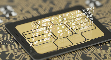 SIM Card with Binary Code Overlay on Circuit Board &ndash; Digital Payment and Data Security Concept