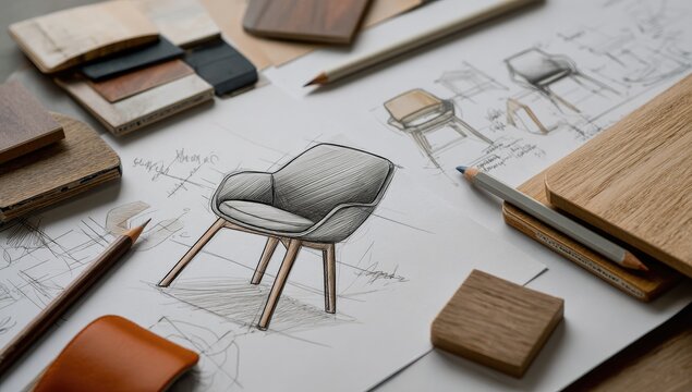 Chair design sketch with wood samples and pencils, top view