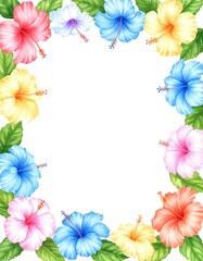 Fototapeta premium Colorful hibiscus blooms and green leaves frame a bright white space, perfect for invitations or announcements