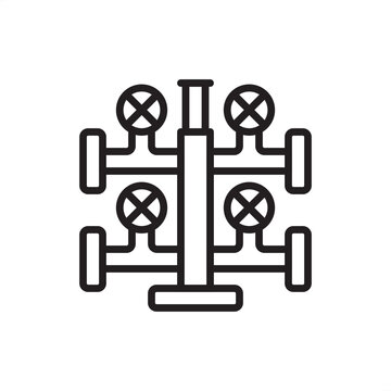 Steam manifold icon. Thermal power distribution, representing high-pressure boiler headers, industrial steam valves, heating system hardware, energy utility infrastructure, and mechanical engineering.