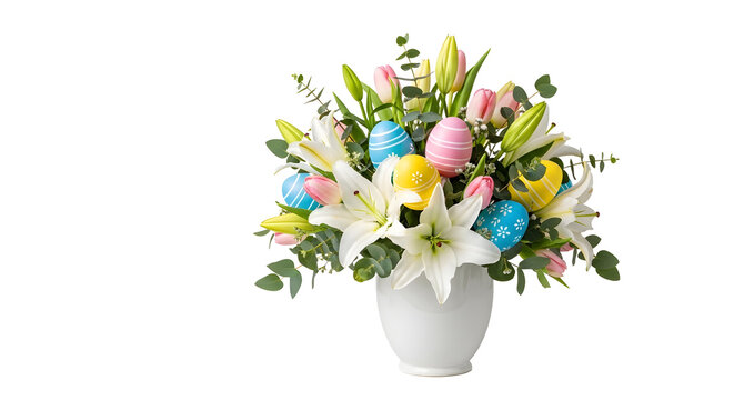 A beautiful Easter floral arrangement in a white vase on transparent background