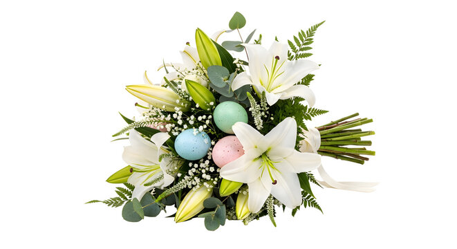 A beautiful bouquet of white lilies and colorful Easter eggs on transparent background