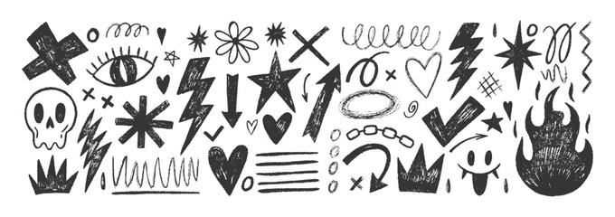 Rock music fire stickers featuring punk-inspired crayon hearts, hand-drawn doodles, and graffiti markers with retro tattoo elements. Vector illustration. © Arina