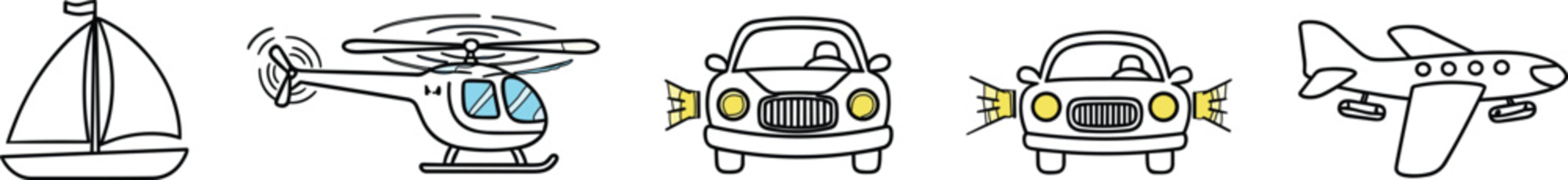 Outline transportation icons including sailboat helicopter cars and airplane simple editable stroke cartoon vector illustration set