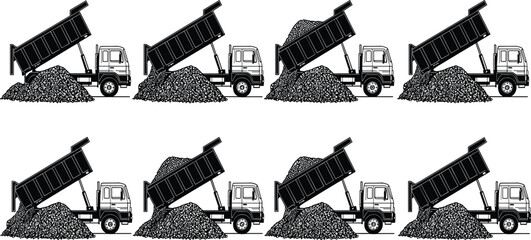 Dump truck unloading gravel and sand silhouette set, construction industry illustration showing heavy machinery, road work, mining, excavation, material transport, and industrial workflow concept © Emon