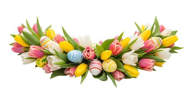 A vibrant Easter wreath made of colorful tulips and decorated eggs on transparent background