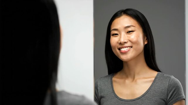 Young Asian woman smiling happily at her reflection in a mirror, showing self-care and positive self-image.