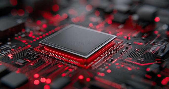 Close-up of a circuit board with a central processor, glowing red