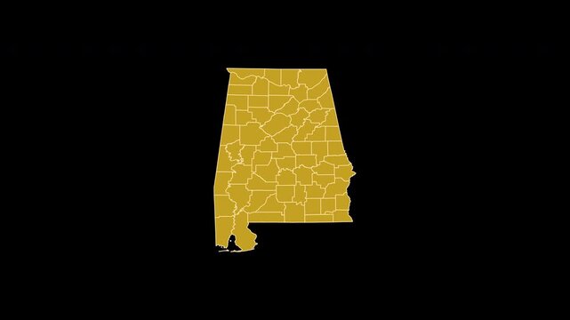 Alabama USA Gold Map 3D Animation Alpha Channel Transparent Background 4K UHD ProRes 60fps Isolated for Geography Politics Election and Financial News