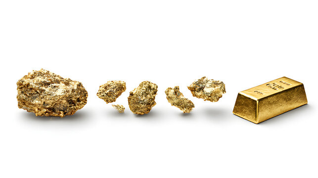 A high-resolution conceptual studio illustration showing the transformation of gold from natural nugget to refined bullion bar, presented as an isolated image on a transparent background. The main