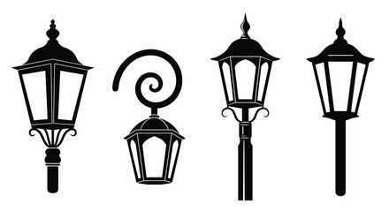 Four ornate street lamps depicted in a striking black silhouette © Full