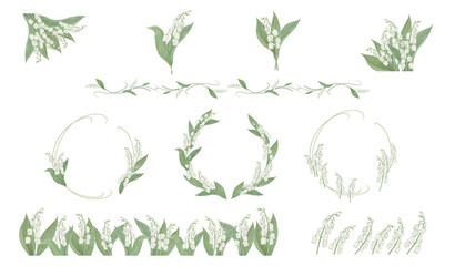 Watercolor Lily of the Valley Bundle, White Floral Frames and Elements for Bridal and Wedding-300dpi- © URU