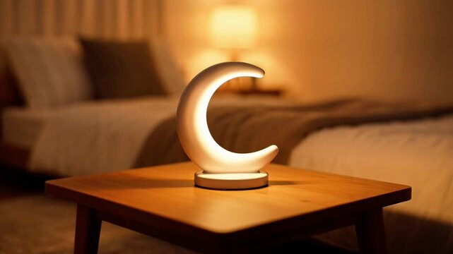 Hand places moon night light on bedside table in cozy bedroom setting