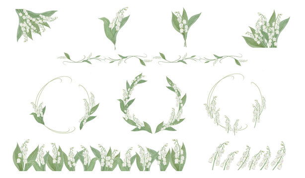 Watercolor Lily of the Valley Bundle, White Floral Frames and Elements for Bridal and Wedding-300dpi-