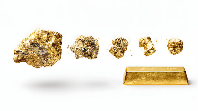 A high-resolution conceptual studio illustration showing the transformation of gold from natural nugget to refined bullion bar, presented as an isolated image on a transparent background. The main