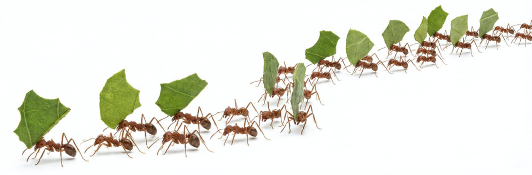 Leafcutter Ants Carrying Green Leaves in Line 