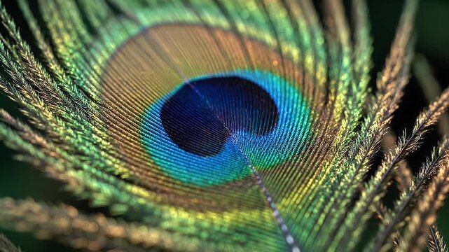 Detailed Peacock Feather - A macro shot of a peacock feather showcases its vibrant colors and intricate details.