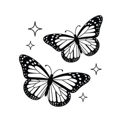 Obraz premium Two butterflies with detailed wings and sparkling stars in black and white